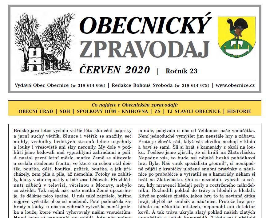Obecnický zpravodaj Červen 2020