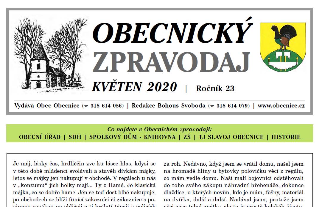 Obecnický zpravodaj – Květen 2020