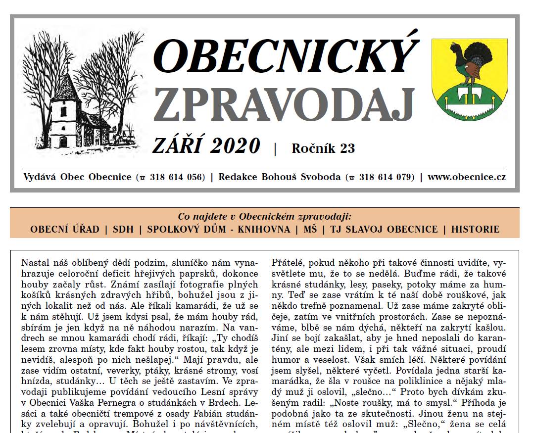 Obecnický zpravodaj září 2020