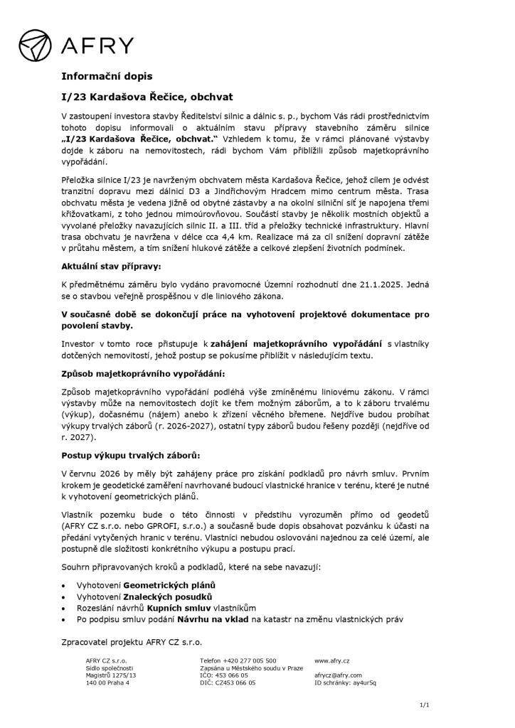 Informační dopis - OBCHVAT - aktuální stav přípravy stavebního záměru (zábor na nemovitostech, majetkoprávní vypořádání)