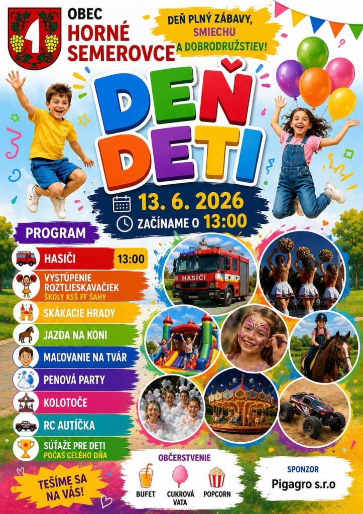 Obec Horné Semerovce Vás srdečne pozýva na Deň detí, dňa 13.6.2026 o 13:00 hodine.