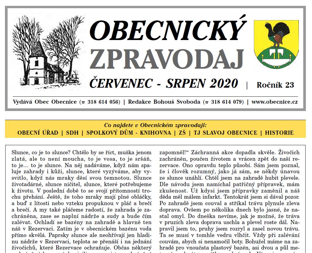 Obecnický zpravodaj červenec – srpen 2020