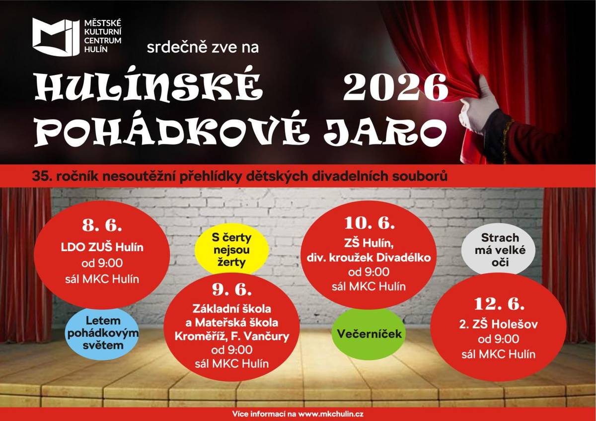 HULÍNSKÉ POHÁDKOVÉ JARO 2026 zve do Hulína na čtyři dny plné dětských divadelních pohádek a radosti v sále MKC Hulín.