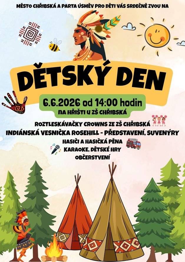 Indiáni, roztleskávačky, hasiči a jejich pěna, soutěže, karaoke a skvělé občerstvení. To vše je připravené pro vás a hlavně vaše děti v sobotu 6. června od 14 :00 hodin na hřišti u školy. Město Chřibská a parta Úsměv pro děti vás zvou na dětský den🤣