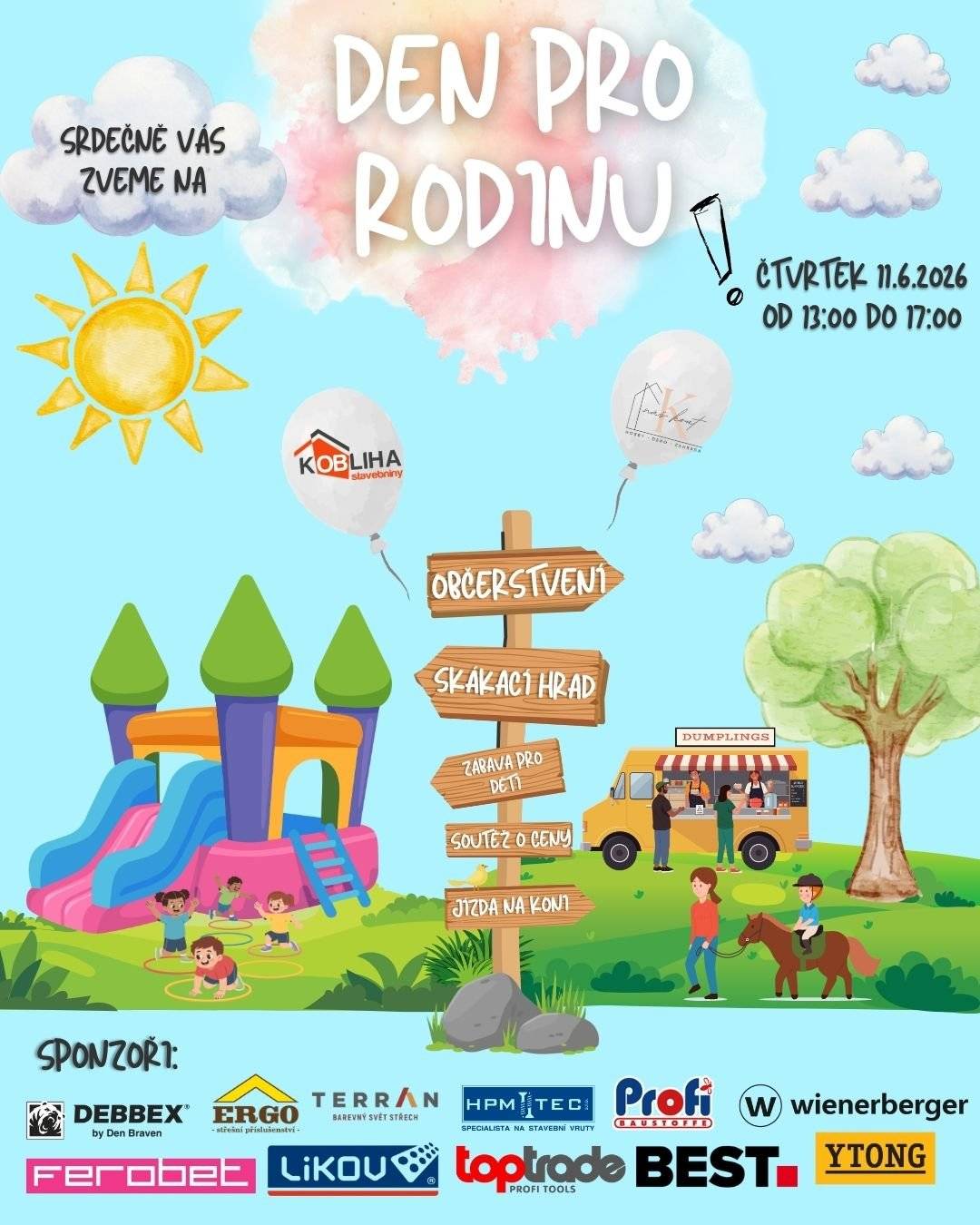 Akce se uskuteční dne 11. 6. 2026 od 13:00 do 17:00 hodin v areálu Stavebnin Kobliha a Našeho koutu.