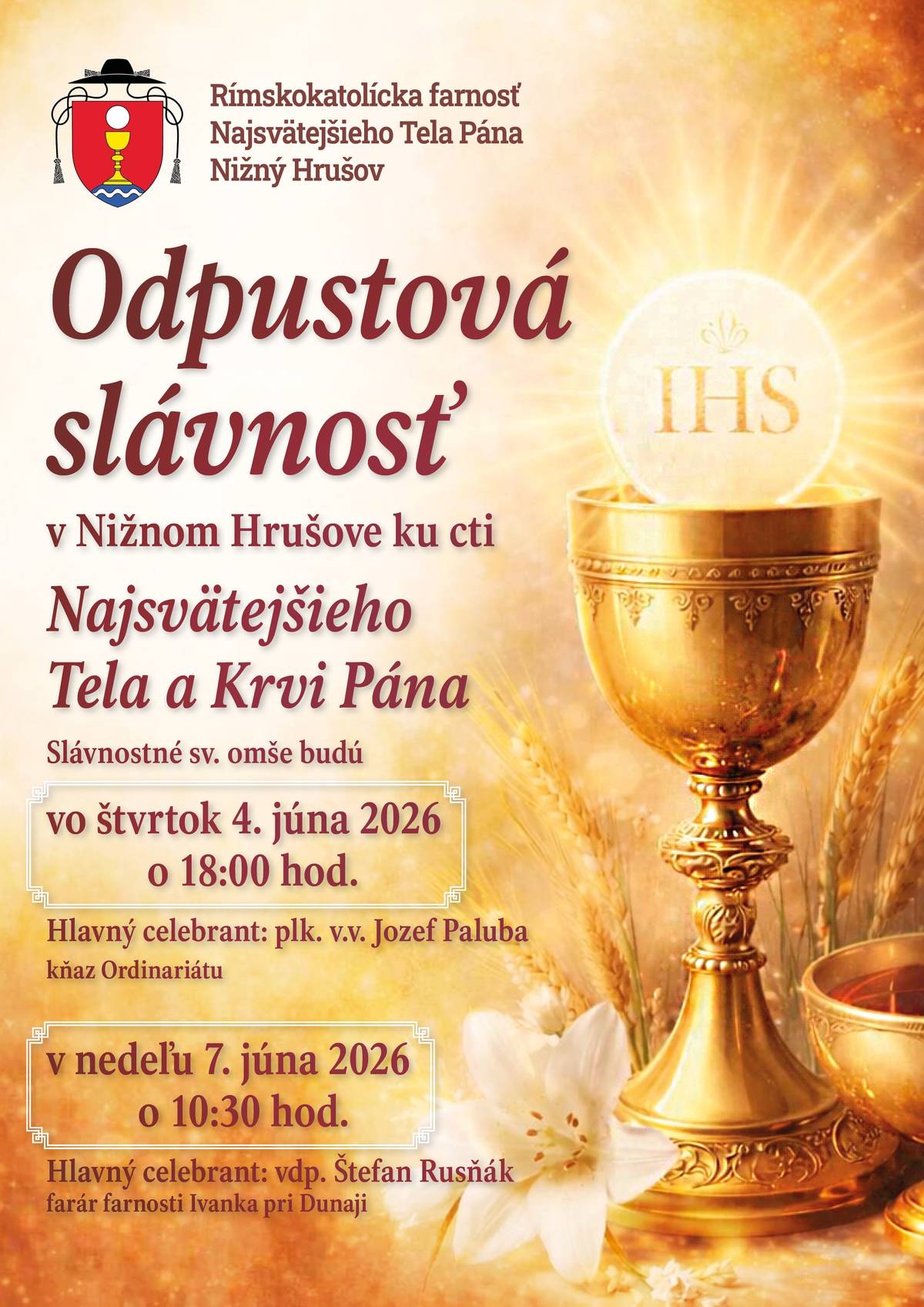 Odpustová slávnosť v Nižnom Hrušove ku cti Najsvätejšieho Tela a Krvi Pána.