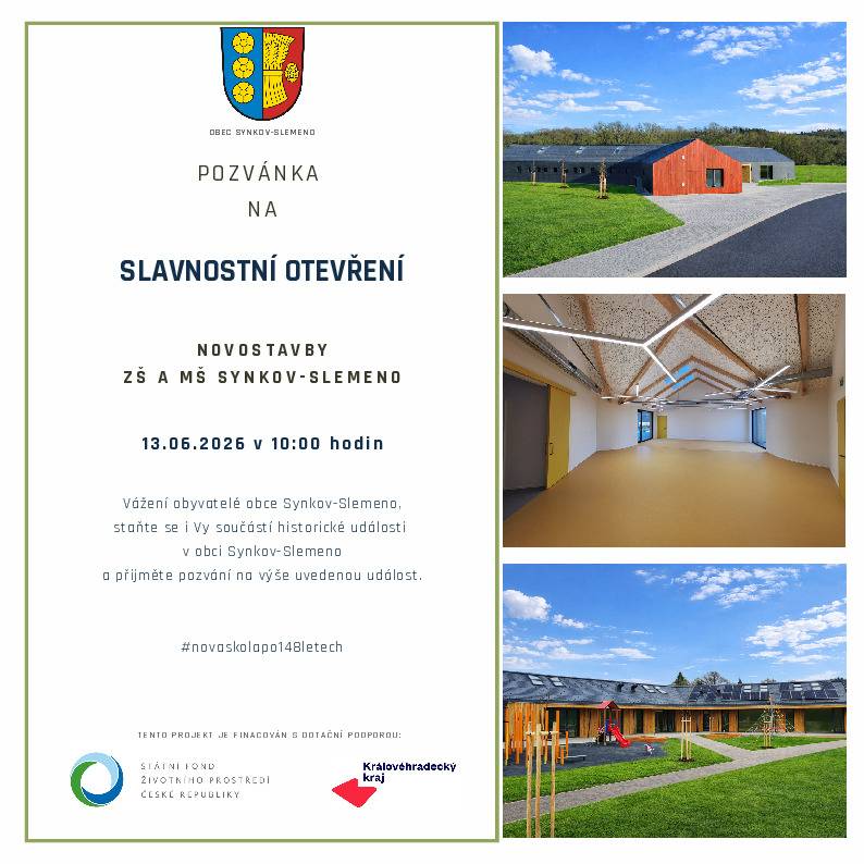 Dnes slaví svátek děti na celém světě. U nás v obci oslavíme Den dětí v rámci akce slavnostního otevření novostavby školy ve Slemeně 13.6.2026. Co máme připravené pro ty nejmenší: 1. prohlídku prostor nové školky a školy, 2. skákací hrad, 3. kolotoč, 4. malování na obličej, 5. představení s papoušky, 6. originální věcný dárek. Program pro děti bude probíhat mezi 11. až 15. hodinou.  S přípravami na událost století v obci - Slavnostní otevření novostavby ZŠ a MŠ Synkov-Slemeno - finišujeme, vzýváme hezké počasí a věříme, že si to užijí všechny věkové kategorie. Informace o podrobném programu již brzy...