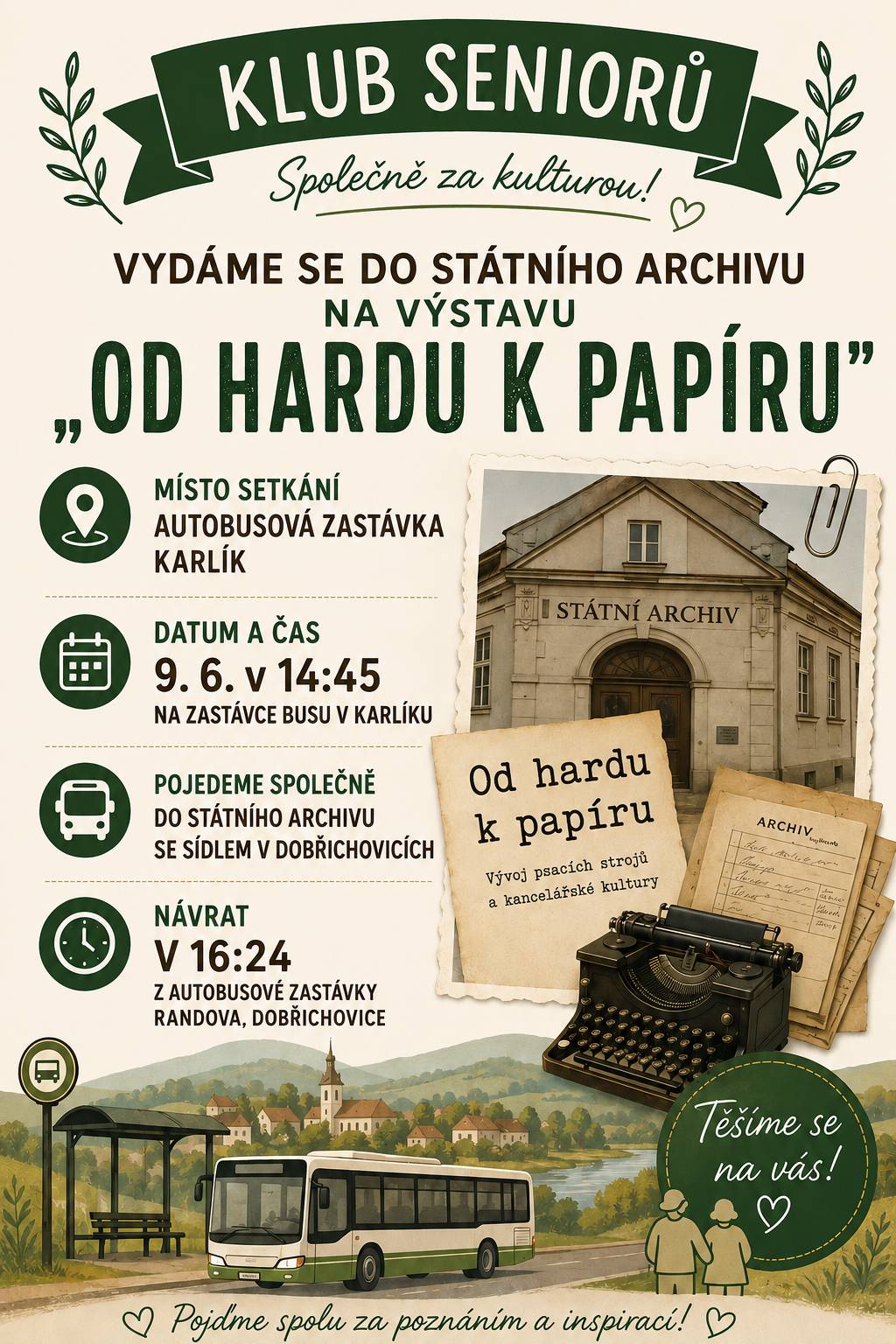 V rámci klubu seniorů vás srdečně zveme na výstavu ,,Od hadru k papíru"