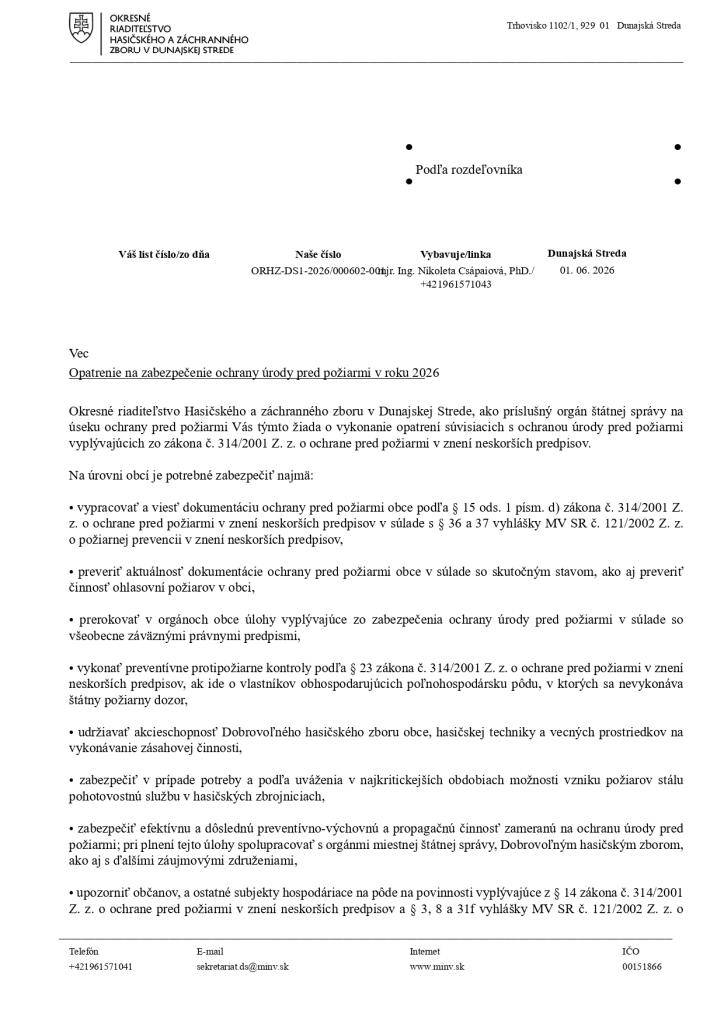 Opatrenie na zapezpečenie ochrany úrody pred požiarmi v roku 2026