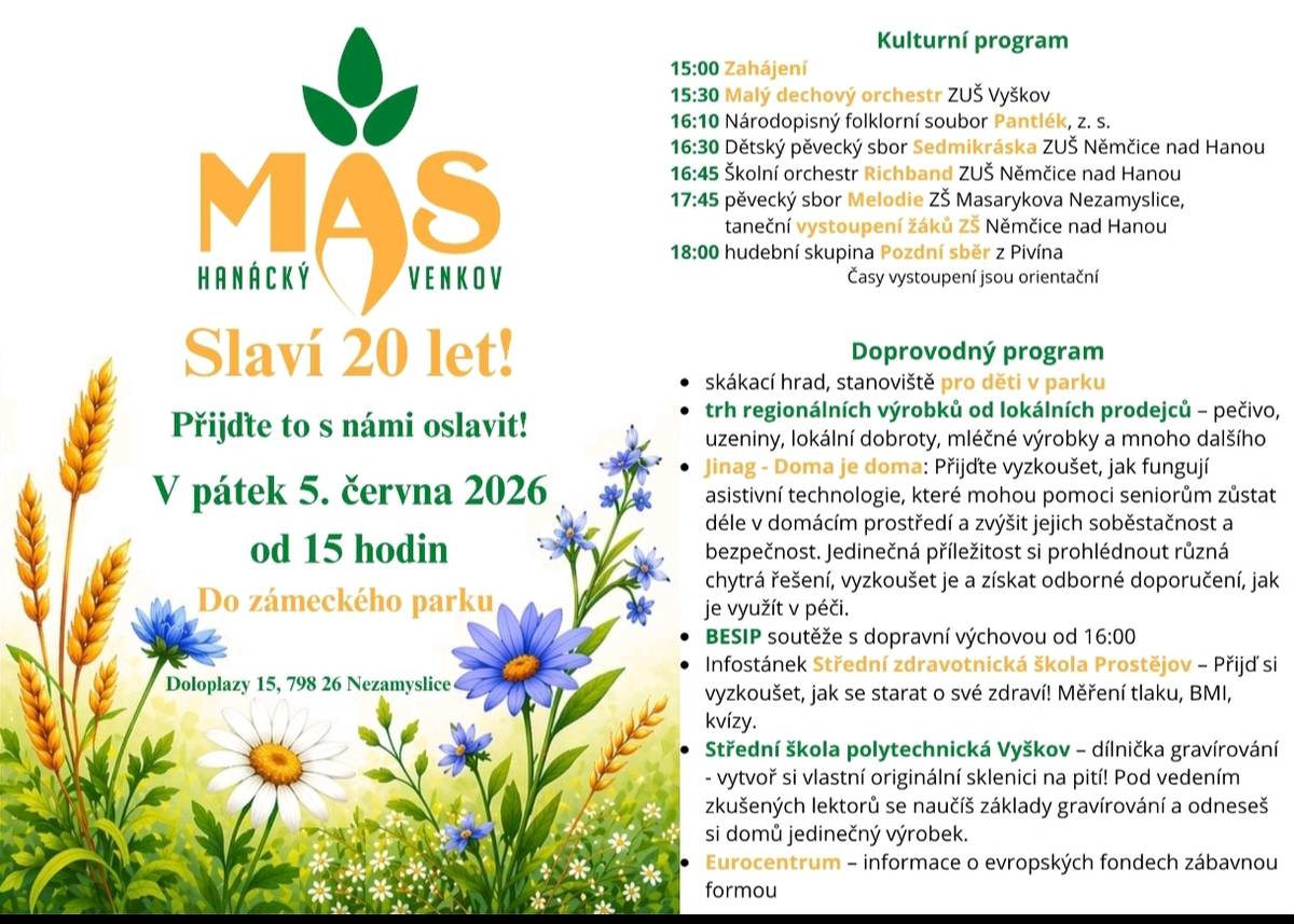 MAS Hanácký venkov v pátek 5.6. slaví 20 let. Oslavy začínají v 15 hodin v zámeckém parku.