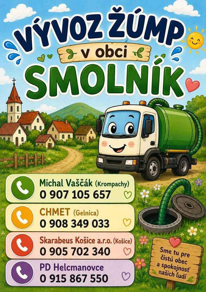 Vážení spoluobčania,   prinášame Vám kontakty na zabezpečenie vývozu žúmp v prípade potreby.   V prípade záujmu o vývoz žumpy kontaktujte vybraného poskytovateľa služby podľa uvedených kontaktných údajov.