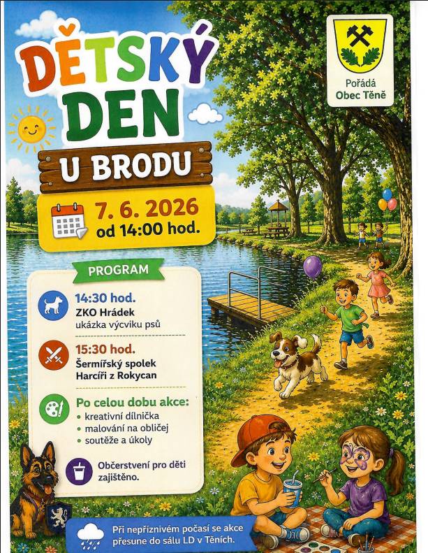 Obec Těně všechny srdečně zve 7.6.2026 na dětský den u Brodu.
