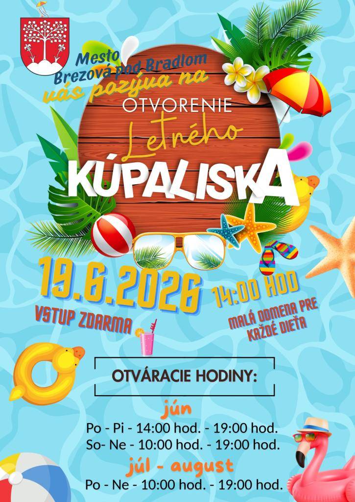 Mesto Brezová pod Bradlom vás v piatok 19. júna 2026 o 14.00 hod. pozýva na otvorenie letného kúpaliska. Vstup zdarma.  Tešíme sa na vás.