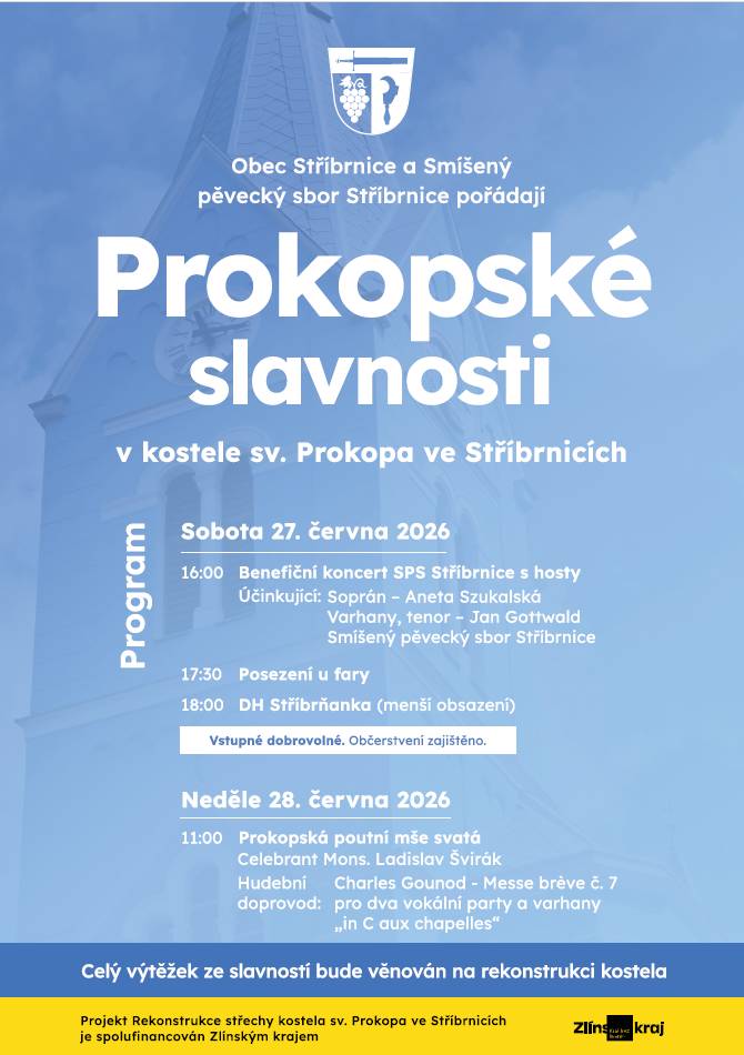 - 27. června 2026, výtěžek akce bude věnován na rekonstrukci kostela