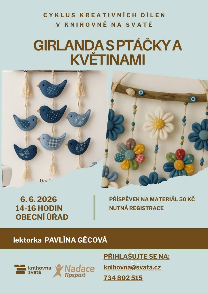 Knihovna na Svaté pořádá kreativní dílnu, kde si účastníci vyrobí girlandu s ptáčky a květinami. Akce se koná 6. června 2026 od 14 do 16 hodin a cena za materiál je 50 Kč. Pro účast je nutná registrace, kterou lze provést e-mailem nebo telefonicky.