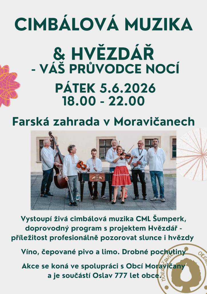 Vystoupí živá cimbálová muzika CML Šumperk, doprovodný program s projektem Hvězdář