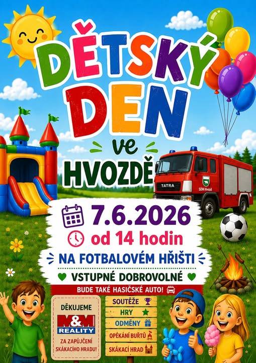 Dětský den pro děti se uskuteční 7. června 2026 od 14 hodin. Přijďte si užít zábavu a zapojte se do různých herních aktivit, které budou připraveny.