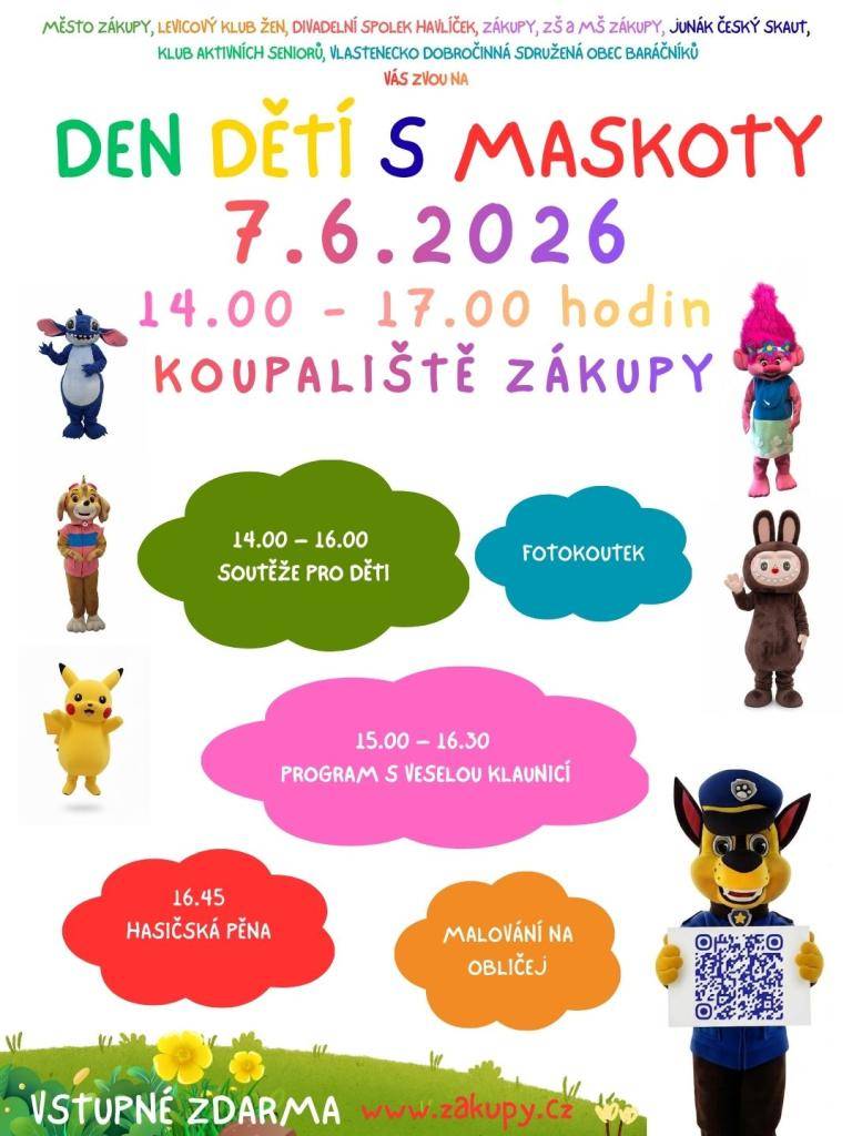 Zveme vás na dětský den s maskoty!  Dne 7. 6. 2026 od 14.00 - 17.00 hodin na koupališti v Zákupech.   Můžete se těšit na Soutěže pro děti, fotokoutek, program s veselou klaunicí, malování na obličej, hasičskou pěnu.