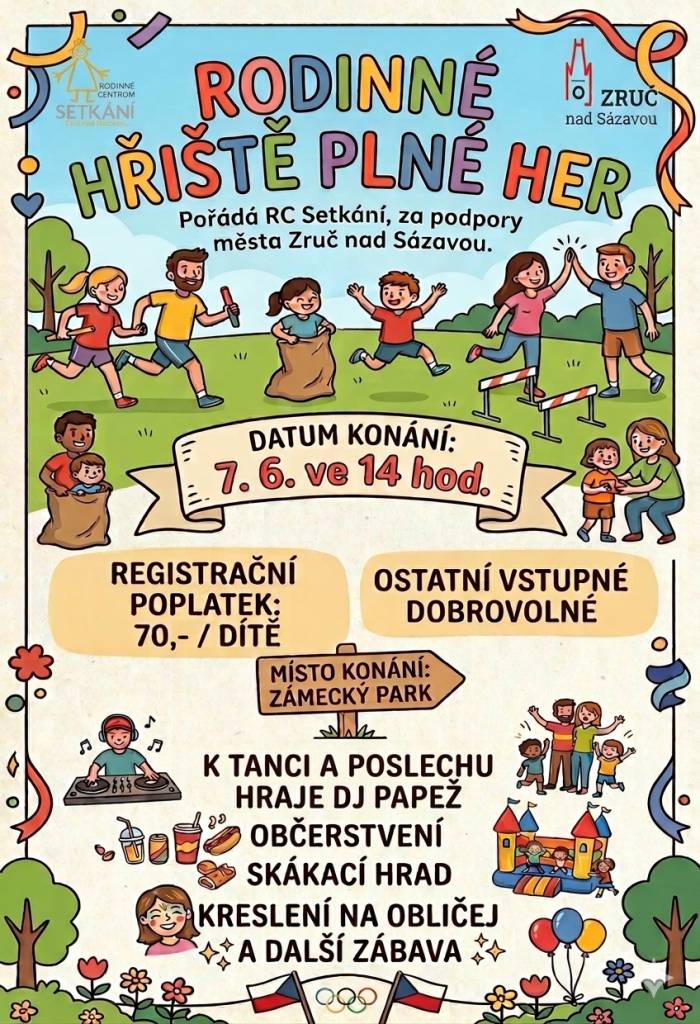RC Setkání pořádá 7. 6. od 14:00 v zámeckém parku Hřiště plné her. Registrační poplatek je 70 Kč/dítě. Těšit se můžete na hudební doprovod, občerstvení, skákací hrad, malování na obličej a mnoho dalšího.