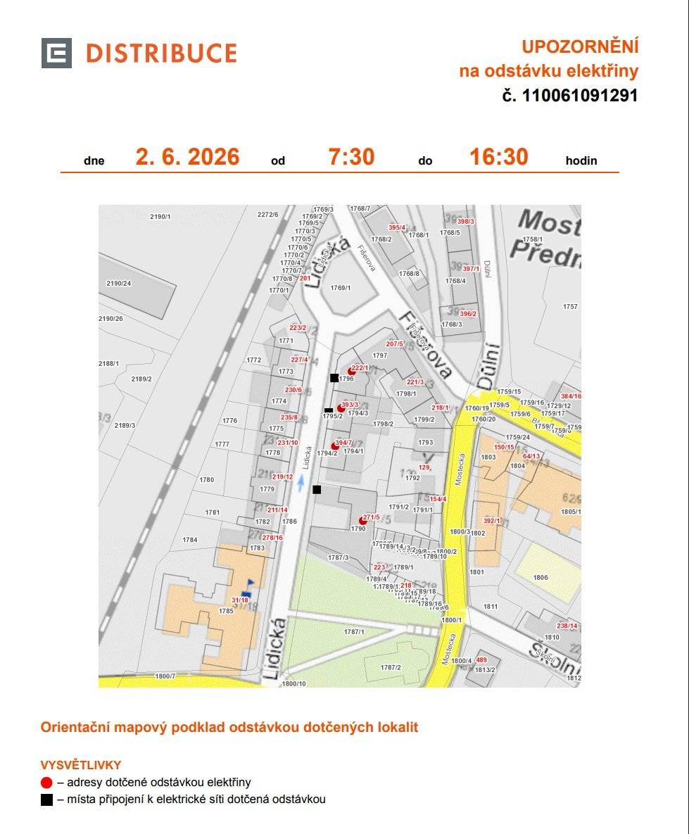 Vážení občané, upozorňujeme, že v úterý 2. června dojde od 7:30 do 16:30 hodin k plánované odstávce elektřiny v ulici:  - Lidická 1, 3, 5, 7. Bližší informace k odstávce