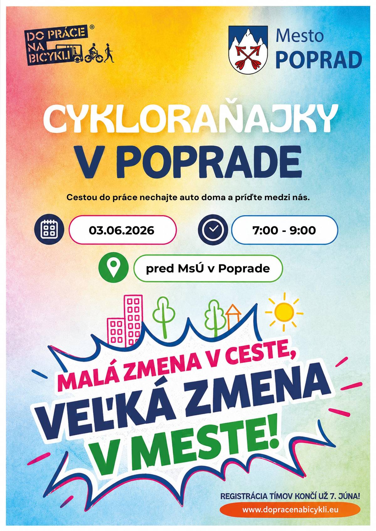 🏞 Predstavte si mesto s efektívnou verejnou dopravou, rozsiahlou sieťou bezpečných chodníkov a cyklotrás, ulicami plnými zelene a verejnými priestormi, ktoré sú estetické a podporujúce komunitu. Presne takúto víziu prináša už 13. ročník národnej kampane Do práce na bicykli, ktorej cieľom je motivovať mestá, firmy a jednotlivcov, aby uprednostnili bicykel, chôdzu a verejnú dopravu pred použitím auta. Mesto Poprad sa do kampane zapojilo aj tento rok! ‼️POZOR! Už len do nedele 7. júna sa do kampane majú možnosť registrovať 2-4 členné tímy zložené zo zamestnancov firiem, inštitúcií či organizácií, a to na stránke www.dopracenabicykli.eu a počas celého mesiaca jún dochádzať do práce na bicykli, pešo alebo verejnou dopravou. Súťaže sa môžu zúčastniť aj tímy študentov z rovnakej školy. 👉Jazdí sa už od 1. júna, ale svoje jazdy si budete môcť evidovať na platforme kampane aj spätne a sledovať, ako sa vám darí. Na celonárodnej úrovni nebude chýbať vyhodnotenie o zaujímavé ceny. CYKLORAŇAJKY V POPRADE 🚲Máte otázky alebo sa chcete prísť o kampani porozprávať na čerstvom vzduchu? Mesto Poprad pri tejto príležitosti aj tento rok pripravilo Cykloraňajky, a to priamo pri cyklochodníku pred Mestským úradom v Poprade. Stretneme sa v stredu 3. júna o 7. hodine ráno. Príďte sa občerstviť i osviežiť, či už dorazíte na bicykli, pešo alebo verejnou dopravou. Pridáte sa k nám? 😉