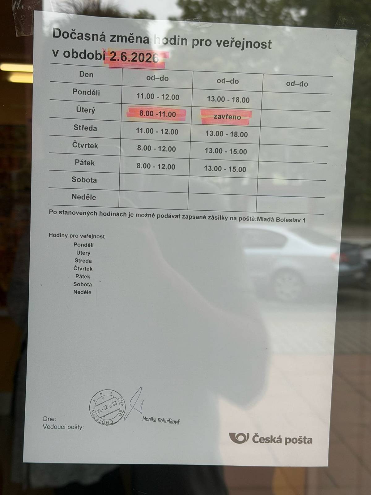 🔊Informace občanům: 📯 Pošta v Chotětově bude v úterý dne 2.6.2026 odpoledne uzavřena ❌.