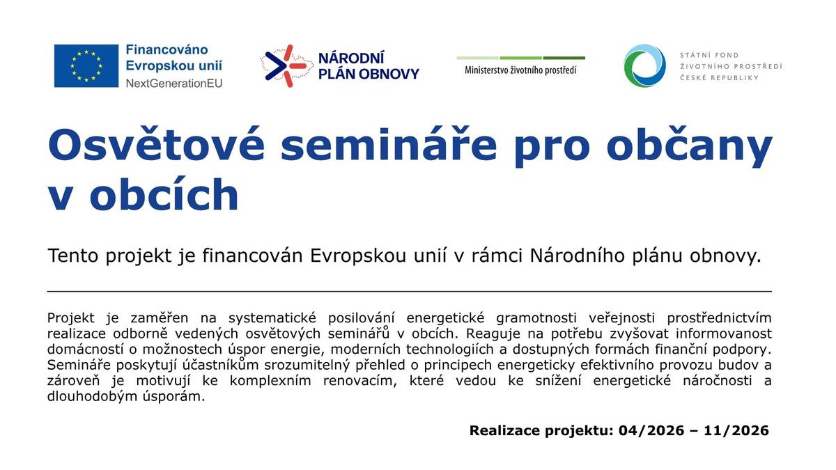 Místo konání semináře: pondělí 8. 6. 2026 od 17:00 hodin místo konání: zasedací místnost ZM, Příbor, Lidická 50 Účast na semináři je zdarma, kapacita je omezena (56 osob) a doporučuje se rezervace místa předem. Pro registrované účastníky bude zároveň připraven bonusový voucher v hodnotě 5 000 Kč, který mohou dobrovolně využít při následném individuálním řešení úspor energií, dotací nebo renovace rodinného domu. Využití voucheru není podmínkou účasti na semináři. Seminář je zaměřen na energetické trendy, úspory energií, možnosti renovací rodinných domů, dotační programy, Novou zelenou úsporám a praktické možnosti, jak občanům srozumitelně vysvětlit cestu ke snížení nákladů na bydlení. Cílem semináře je předat občanům přehledné a praktické informace bez složitých technických pojmů, včetně prostoru pro dotazy a individuální konzultace. Téma je vhodné zejména pro vlastníky rodinných domů, seniory, nízkopříjmové domácnosti a občany, kteří zvažují zateplení, výměnu oken, fotovoltaiku, tepelné čerpadlo, rekuperaci nebo jiné úsporné opatření. Seminář je koncipován jako přibližně tříhodinový program: ·        odborná přednášková část, ·        prostor pro společnou diskuzi, ·        možnost individuálních dotazů občanů.