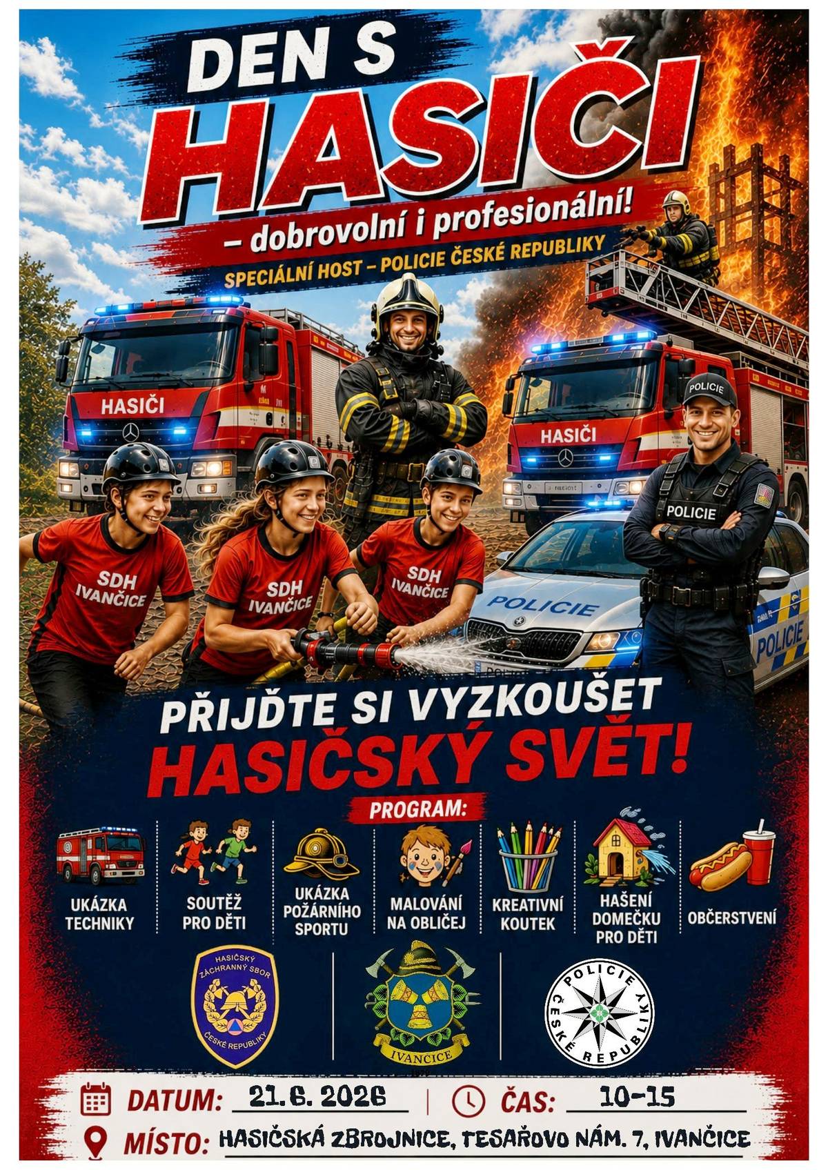 Hasičský záchraný sbor srdečně zve na  Den s hasiči, dobrovolnými i profesionálními, a to v neděli 21. června 2026 od 10.00 do 15.00. Pro děti je připraven kreativní koutek, hašení domečku, občerstvení a soutěže.