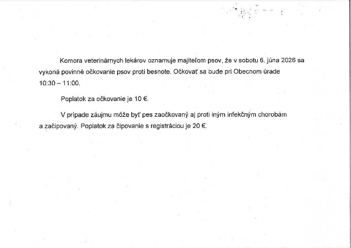 Očkovanie psov 06.júna 2026