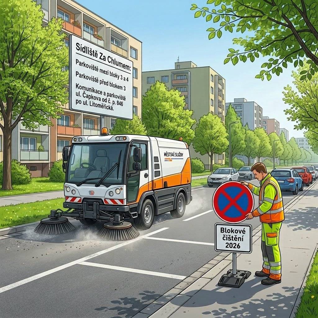 Vážení občané,   dovolujeme si Vás upozornit, že ve čtvrtek 4. června bude probíhat strojní blokové čištění v okolí Vašeho bydliště, konkrétně v těchto lokalitách:    🚧 Sídliště Za Chlumem:  Parkoviště mezi bloky 3 a 4 Parkoviště před blokem 3 Komunikace a parkoviště ul. Čapkova od č. p. 846 po ul. Litoměřická  🚗❌ Žádáme všechny řidiče, aby v uvedených termínech respektovali přechodné dopravní značení a neparkovali v místech, kde bude blokové čištění probíhat. 🙏 Děkujeme za pochopení, ohleduplnost a spolupráci.