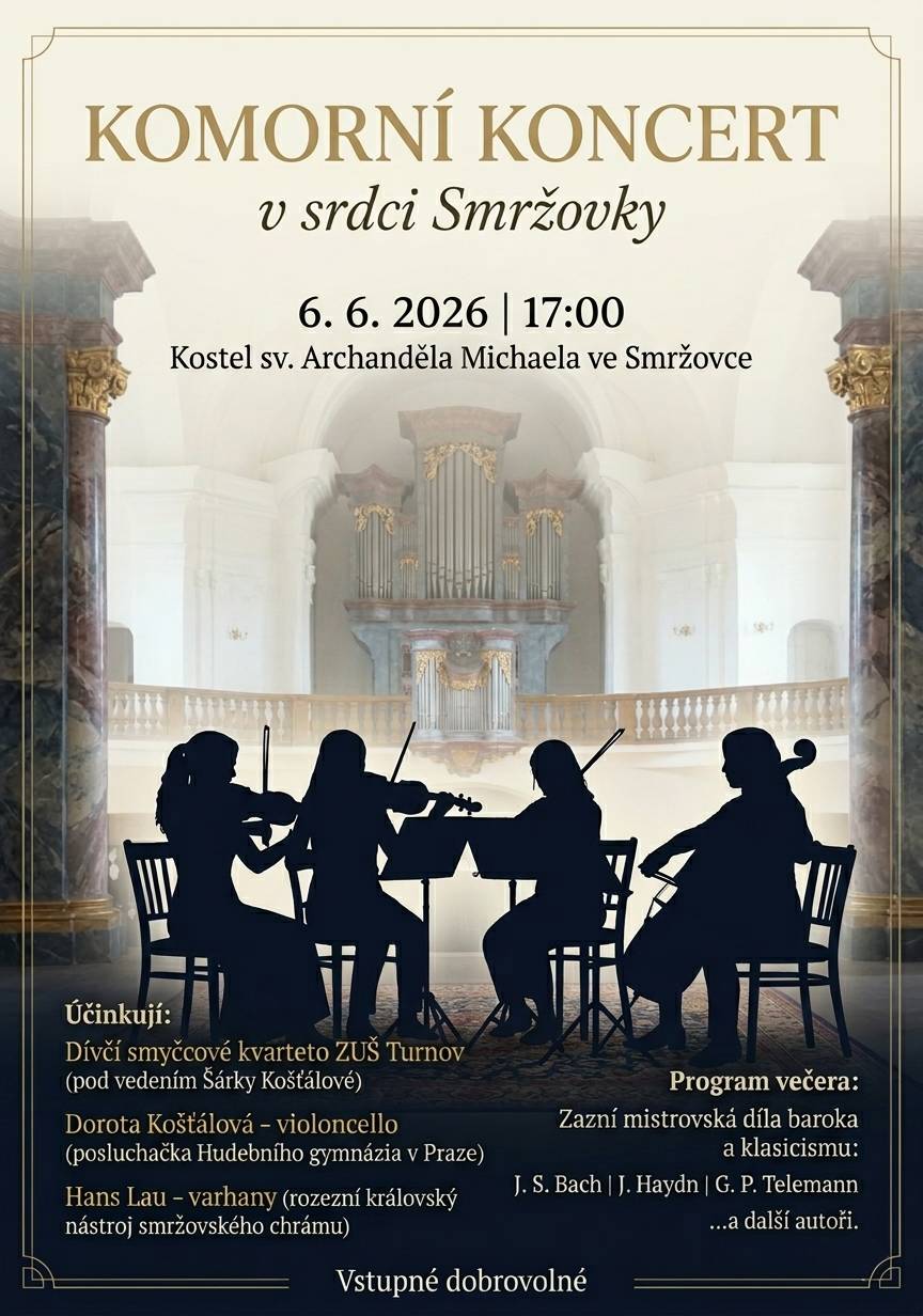 Spolek Michael zve na Komorní koncert v srdci Smržovky v sobotu 6. června od 17.00 hodin v kostele. Vstupné dobrovolné.