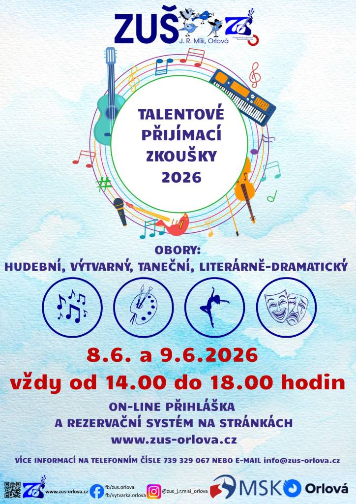 Základní umělecká škola J. R. Míši v Orlové zve na talentové přijímací zkoušky, které proběhnou v pondělí 8. června a v úterý 9. června vždy od 14 do 18 hodin. Online přihlášku a více informací najdete na webu ZDE....