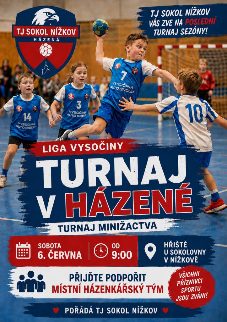 TJ Sokol Nížkov zve všechny příznivce sportu na poslední turnaj sezóny v házené v rámci Ligy Vysočiny. V sobotu 6. června od 9:00 na hřišti za sokolovnou v Nížkově. Přijďte podpořit místní házenkářský tým minižactva!
