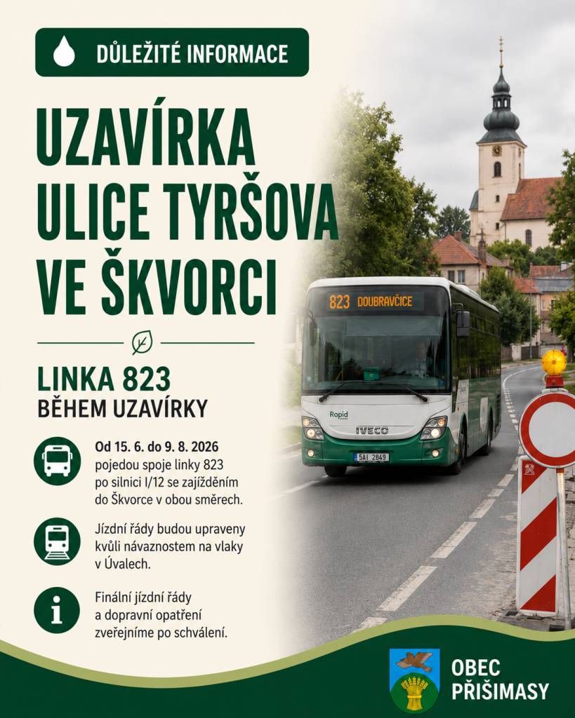 Od 15. 6. do 9. 8. 2026 bude během plánované uzavírky linka 823 vedena po silnici I/12 se zajížděním do Škvorce v obou směrech.