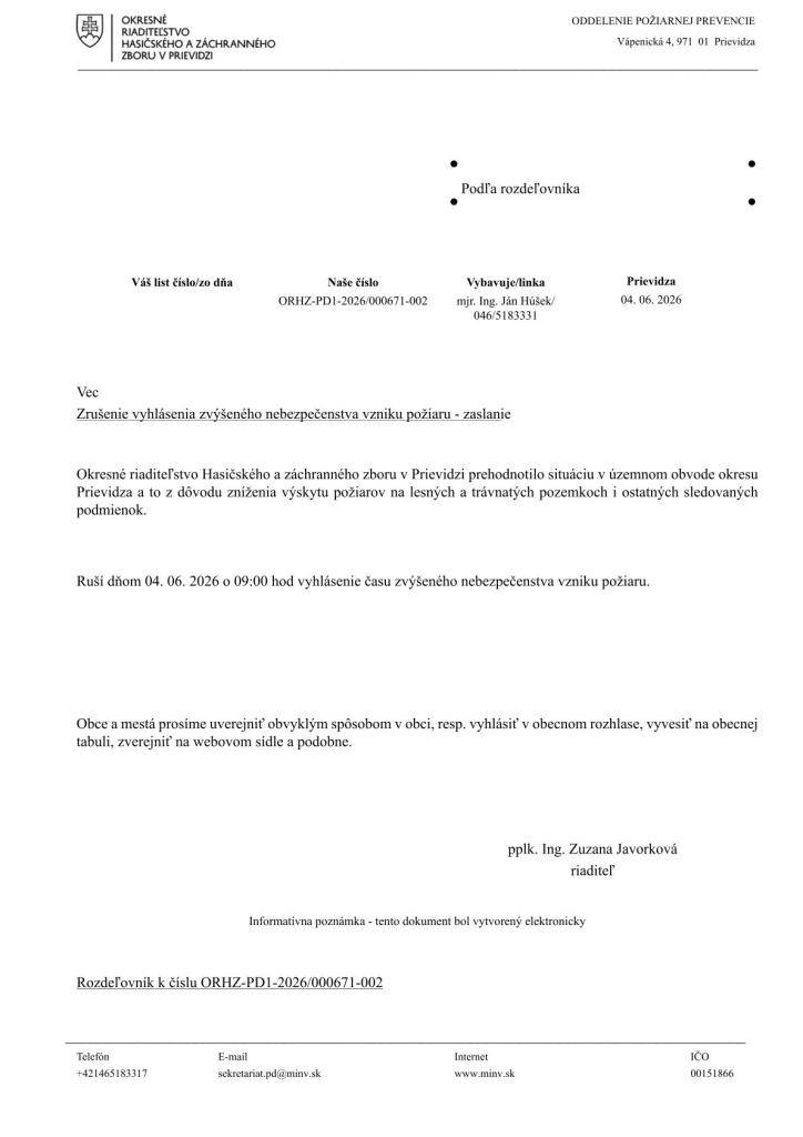 Čas zvýšeného nebezpečenstva vzniku požiaru - zrušenie