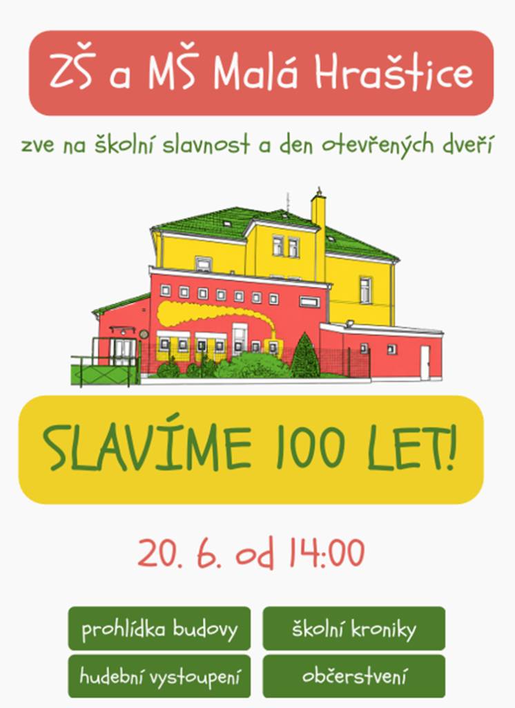 Srdečně Vás zveme na oslavu 100. výročí naší školy, která se uskuteční 20. června 2026 od 14 hodin. Na programu je hudební vystoupení žáků, které zahájí tuto výjimečnou akci.   Těšíme se na Vaši účast.