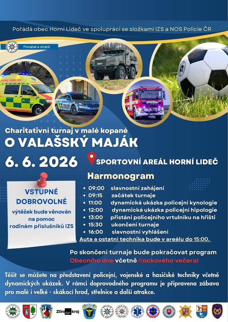 srdečně Vás zveme v sobotu 6.6. do Horní Lidče na Obecní den, v jehož rámci se uskuteční tradiční Charitativní turnaj „O VALAŠSKÝ MAJÁK“ a také rockový večer, na kterém zahraje mimo jiné i kapela Iné Kafe