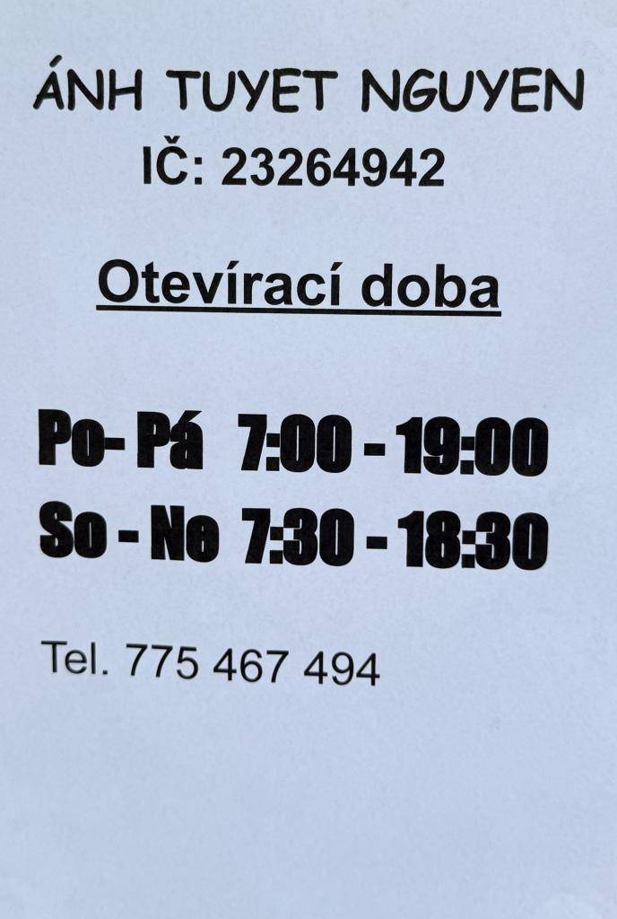 Oznamujeme novou otevírací dobu obchodu. V pracovní dny, od pondělí do pátku od 7:00 do 19:00. V sobotu a neděli od 7:30 do 18:30.