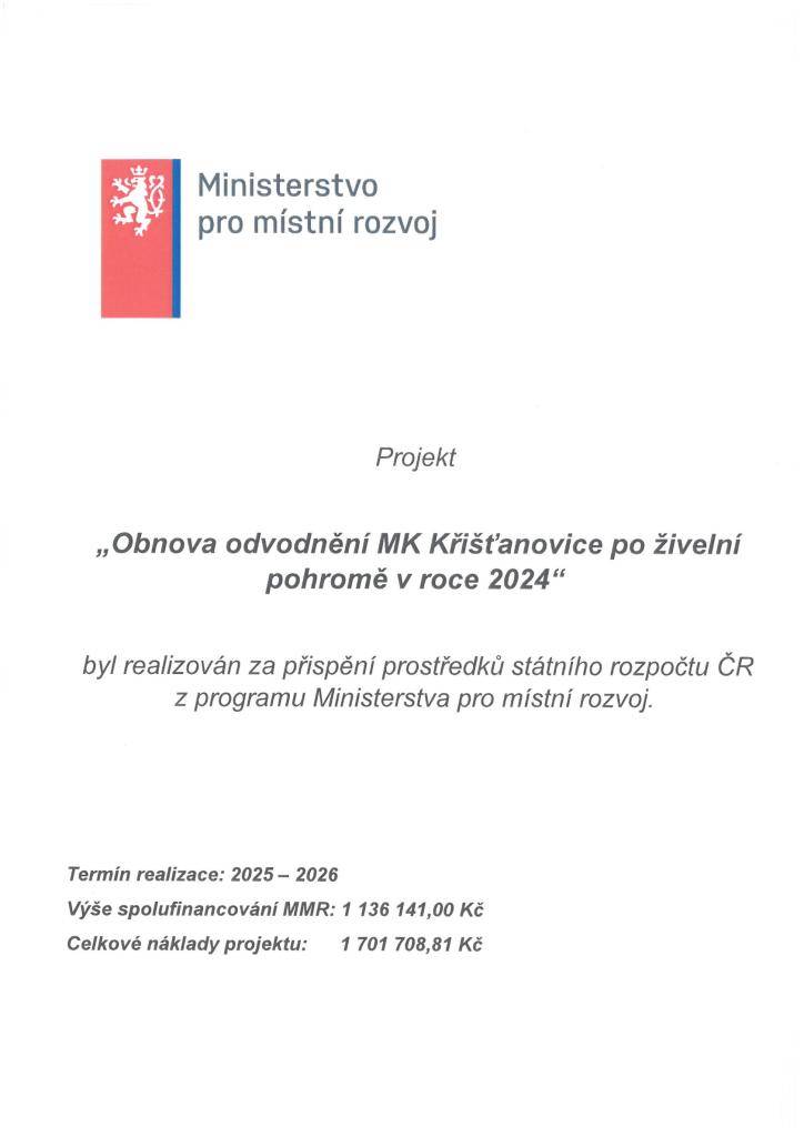 Obnova odvodnění MK Křišťanovice po živelní pohromě v roce 2024