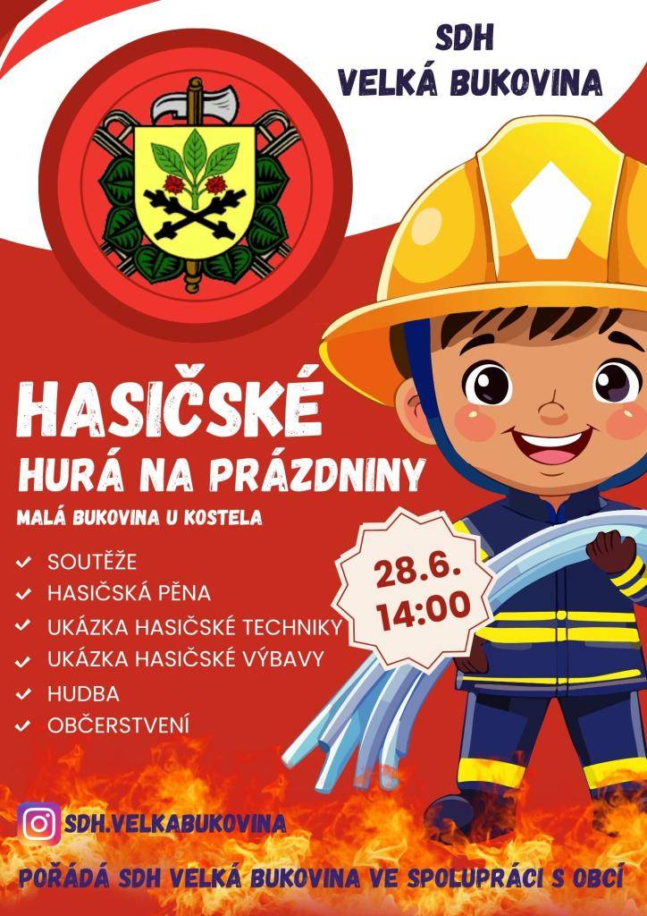 HASIČSKÉ HURÁ NA PRÁZDNINY 2026  Přijďte s námi přivítat letní prázdniny na zábavné odpoledne plné hasičských aktivit pro děti i dospělé!