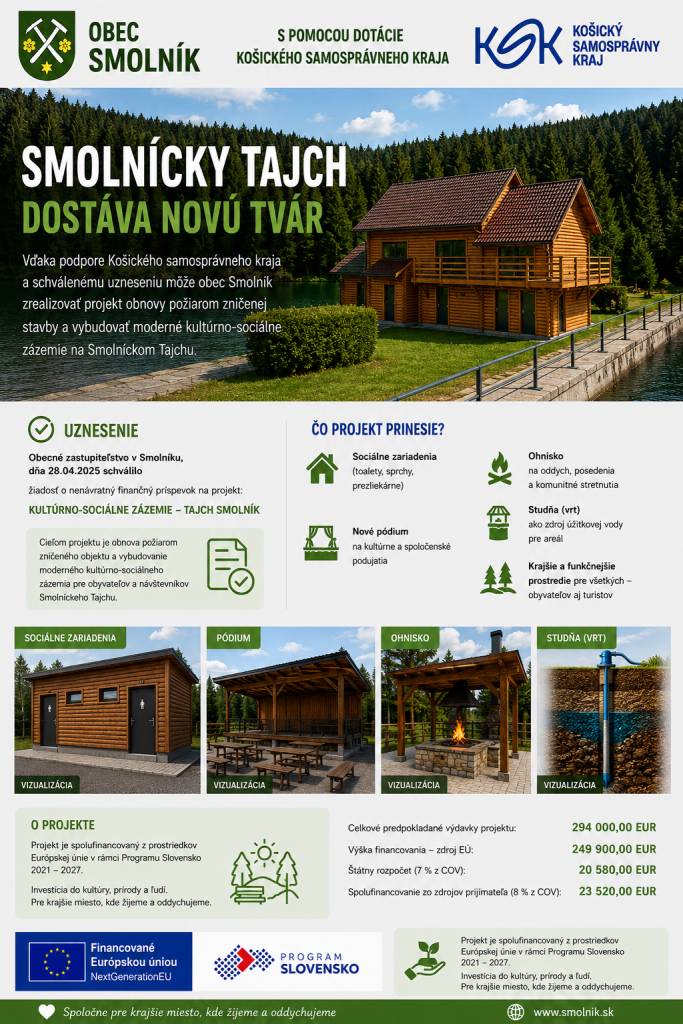 Smolnícky Tajch dostane novú tvár vďaka obci Smolník a Košickému samosprávnemu kraju.