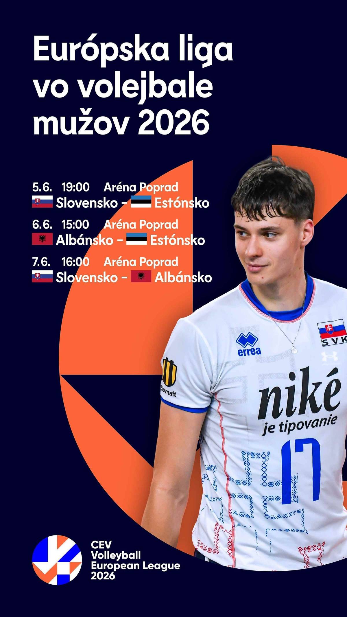 🏐Od 5. do 7. júna 2026 sa v Aréne Poprad po štyroch rokoch predstaví opäť seniorská reprezentácia mužov. Na úvodnom turnaji Európskej ligy, ktorá bude od tohto roka zároveň slúžiť aj ako kvalifikácia na majstrovstvá Európy 2028, sa Slováci stretnú s Estónskom a Albánskom. 🕖V piatok o 19. hodine nastúpia proti Estónsku, v nedeľu o 16. hodine ich čaká zápas s Albánskom. V sobotu o 15. hodine je medzitým na programe duel Estónsko – Albánsko. 👌Okrem kvalitného volejbalu sa môžete tešiť aj na sprievodný program, šou a bohatú tombolu. 💪Príďte si užiť špičkový európsky volejbal a povzbudiť slovenskú reprezentáciu mužov naživo! Program turnaja:  5. jún 2026 19:00 SLOVENSKO – ESTÓNSKO 6. jún 2026 15:00 ESTÓNSKO – ALBÁNSKO  7. jún 2025 16:00 SLOVENSKO – ALBÁNSKO Budete fandiť? 😉
