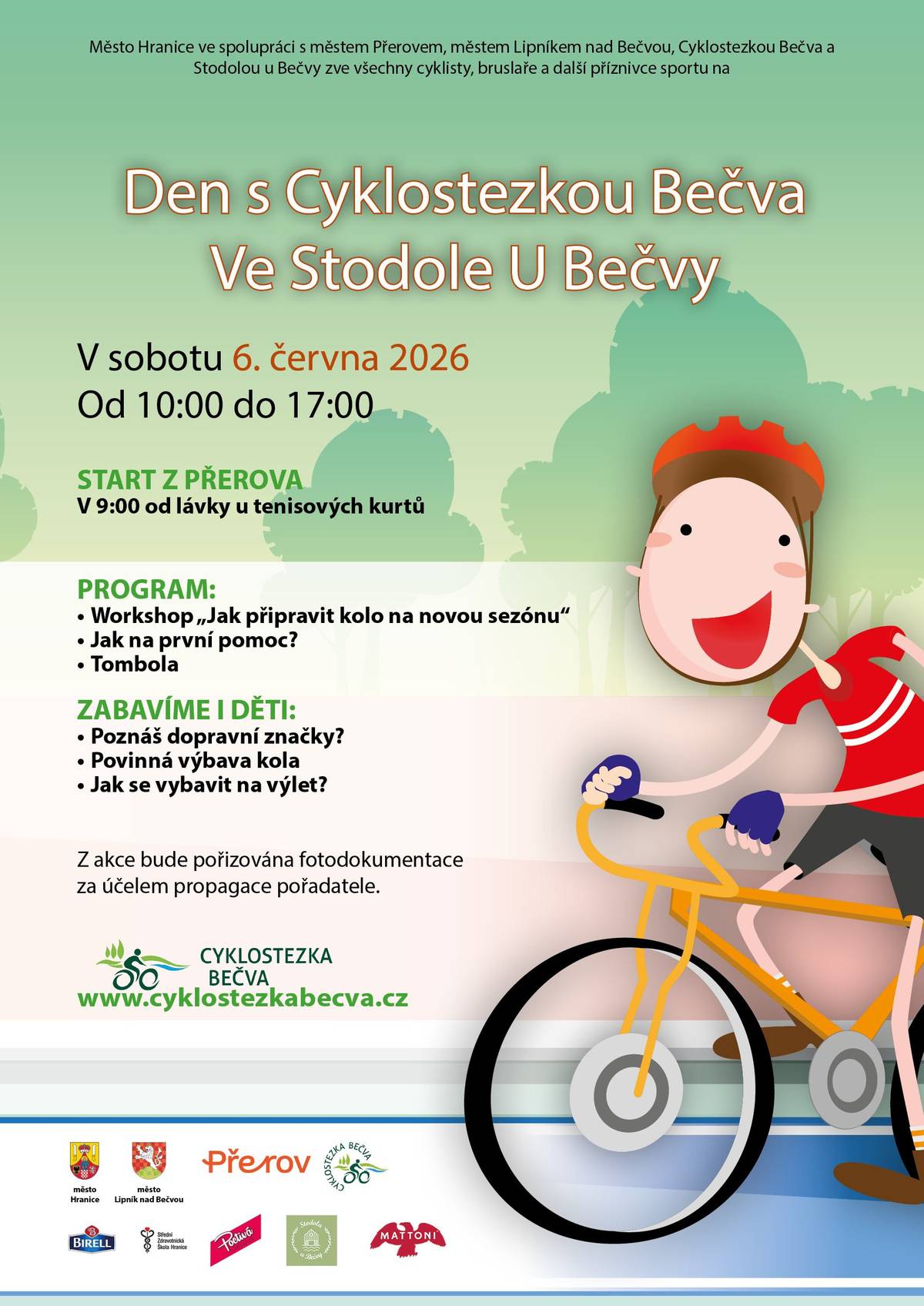 🚲Cyklostezka Bečva společně s městy Hranice, Přerov a Lipník nad Bečvou pořádá v sobotu 6. června již tradiční Den s Cyklostezkou Bečva. Akce se uskuteční ve Stodole u Bečvy od 10:00 do 17:00 a je určena všem cyklistům, bruslařům i příznivcům aktivního pohybu v přírodě.🧭 Společný start z Přerova Zájemci z Přerova se mohou připojit ke společné skupinové jízdě na místo konání. Sraz je v 9:00 u lávky u tenisových kurtů, odkud účastníci vyrazí společně po cyklostezce přímo do Stodoly u Bečvy. Vstup na akci je zdarma.