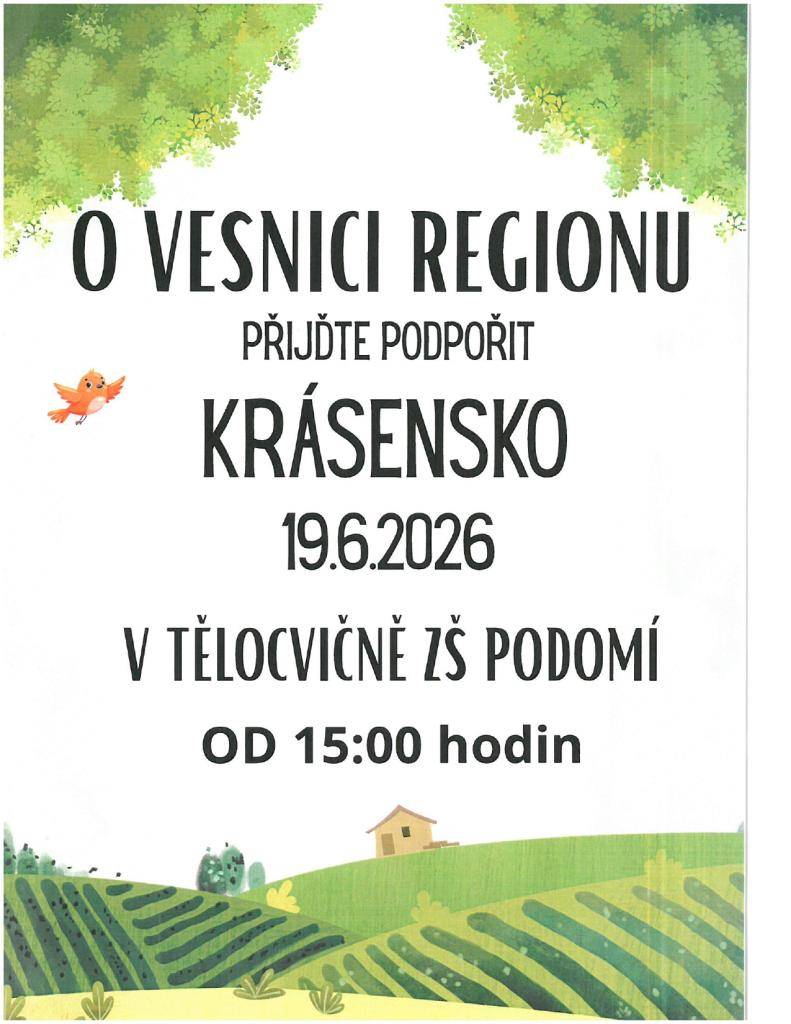 Přijďte podpořit Krásensko ve čtvrtek 19.06.2026 v tělocvičně ZŠ Podomí. Akce začíná v 15:00 hodin-