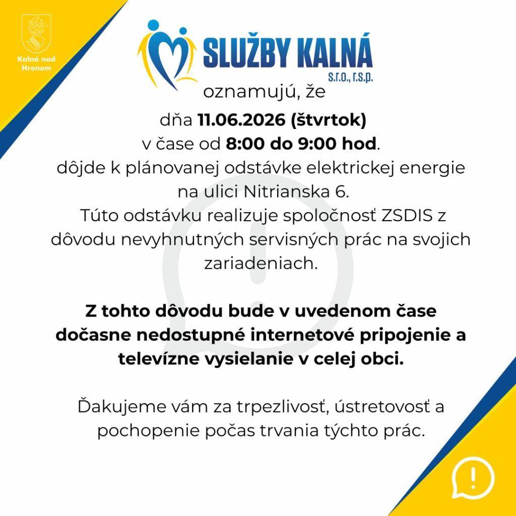 Dočasná nedostupnosť internetu a televízie - 11.06.2026 v čase od 8:00 do 9:00 hod