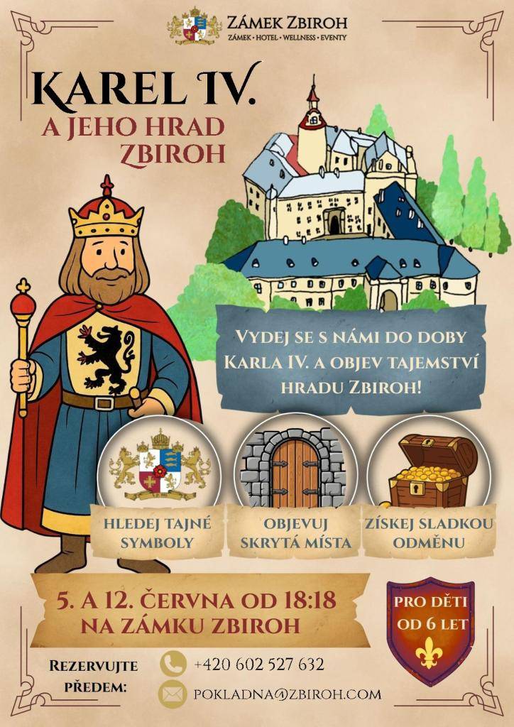 Zveme vás na akci Karel IV. a jeho hrad Zbiroh, která je určena pro děti od 6 let. Přijďte si užít dobrodružství při hledání tajných symbolů a objevování skrytých míst na hradě. Po úspěšném pátrání si můžete vychutnat sladkou odměnu.