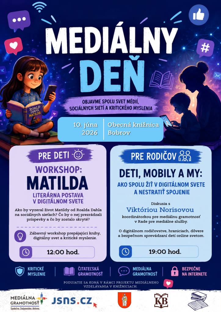 Pozývame vás na podujatie venované médiám, sociálnym sieťam a bezpečnému pohybu v digitálnom svete v stredu 10. júna 2026 o 12:00 pre deti a 19:00 pre rodičov.