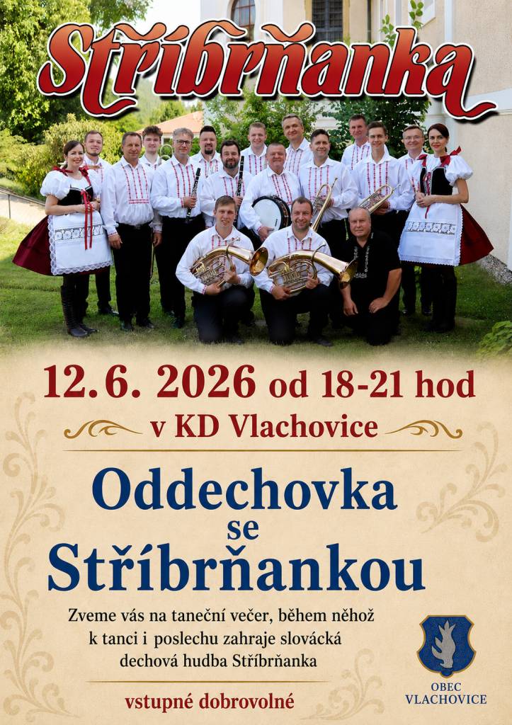 Zveme Vás na taneční večer do KD Vlachovice, který se koná 12. června 2026 od 18:00 do 21:00 hodin. K tanci i poslechu zahraje slovácká dechová hudba Stříbrňanka.