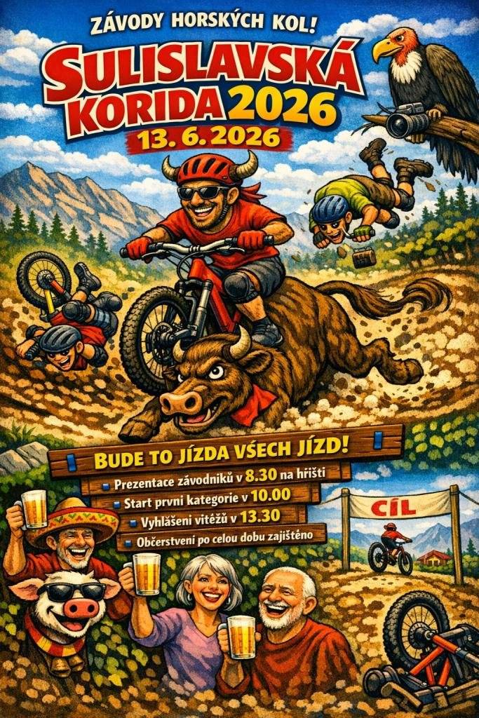 Sulislavská korida se vrací již 13. 6. 2026 s kategoriemi pro děti, amatéry i zkušené závodníky! 🤩 Přijďte si užít den plný sportu, rychlosti a skvělé atmosféry! Tradiční cyklistický závod Sulislavská korida se vrací a opět prověří síly všech milovníků cyklistiky i hobby jezdců na horských kolech. 🚴