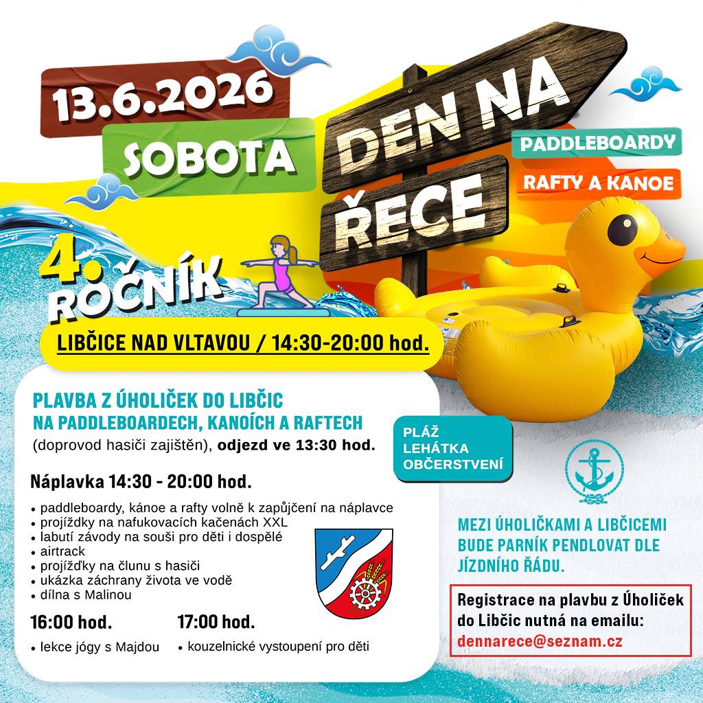 Město Libčice zve všechny na zábavné odpoledne u řeky, které svým bohatým programem propojuje obce na březích Vltavy. Půjčení plavidel zdarma. Letos bude akce prodloužena až do večera. Od 18:00 letní bar a zahrají DJs James Wing a Dag. Přijďte si užít den na náplavce!